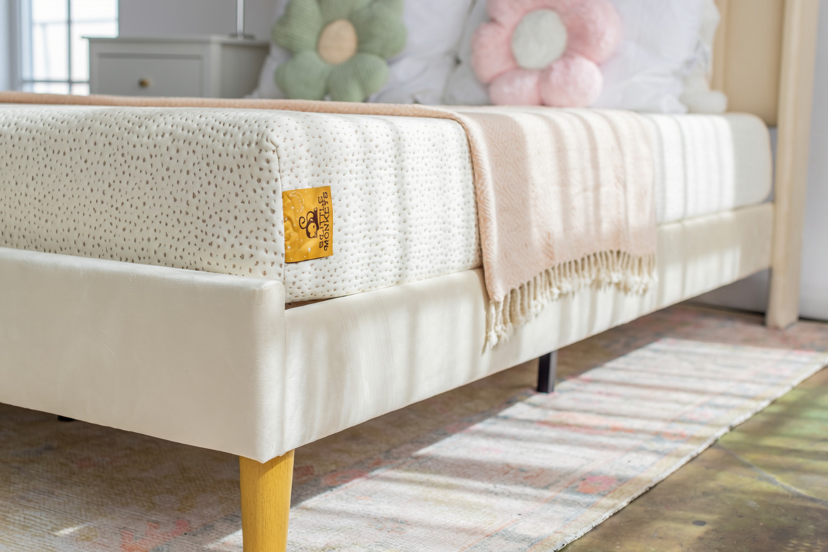 A close-up of a cream upholstered bed frame with a 5 little monkeys kids mattress, a light pink fringed throw blanket, and a yellow brand patch on the side, set in a softly lit bedroom with flower-shaped pillows and a striped rug.